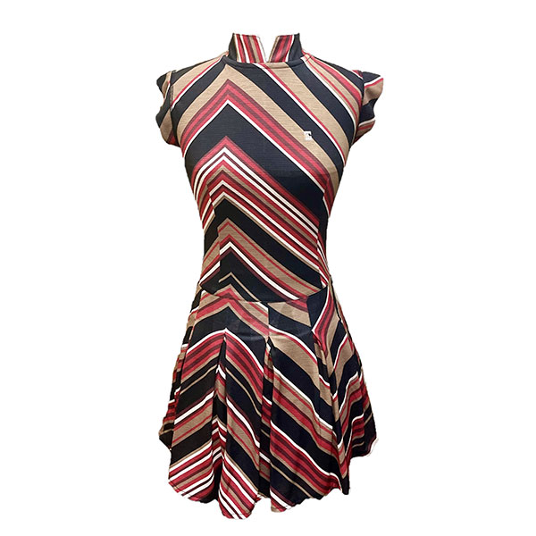 Golf dress red, cream, black and white geometric pattern short sleeve mandarin neck 1 side pockets 1/3 lower pleated / swing section - Image 2