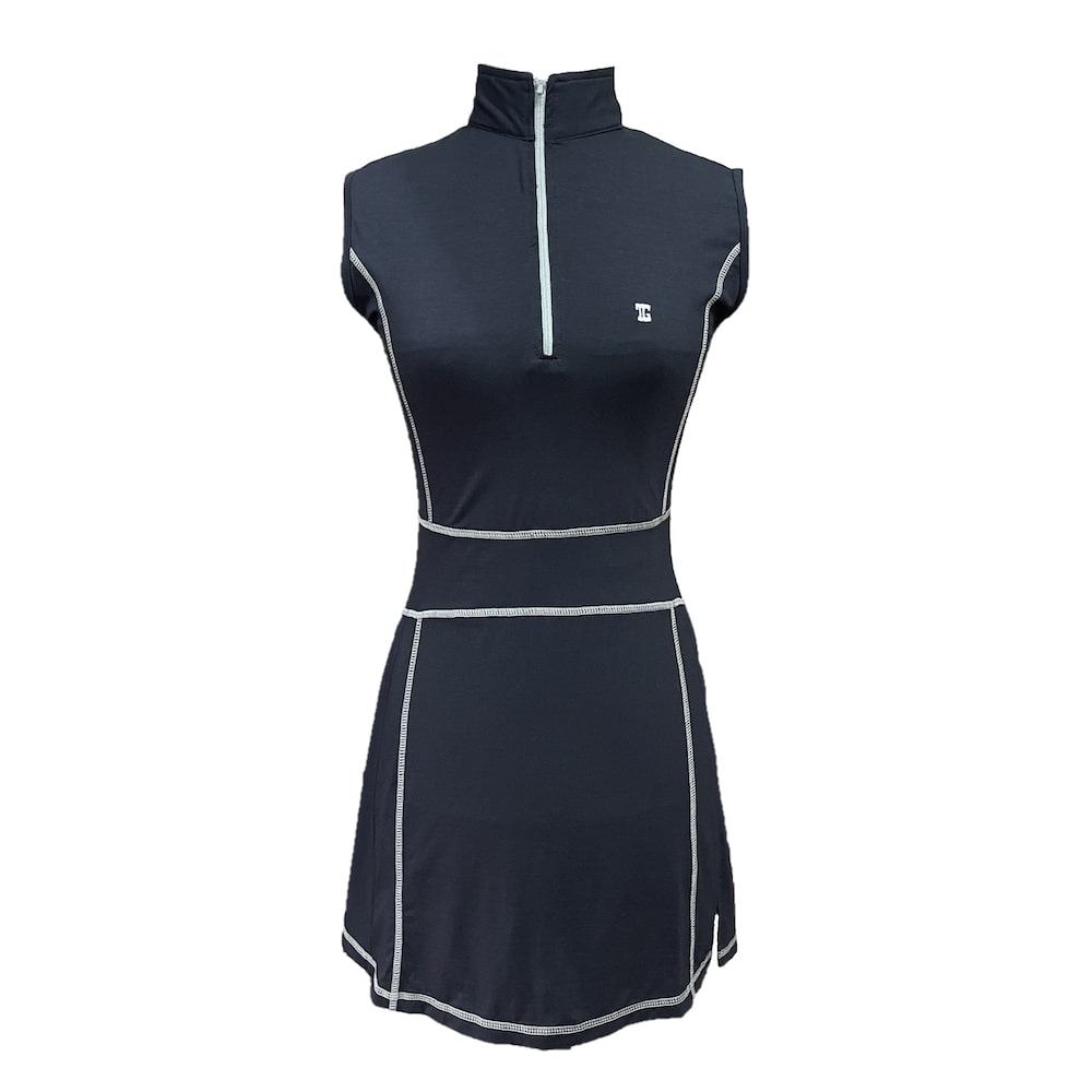 Golf Dress Black Sleeveless, with Zipper Mock Polo Neck with White Overlock Stitching and Two Folds on The Bottom Side - Image 3