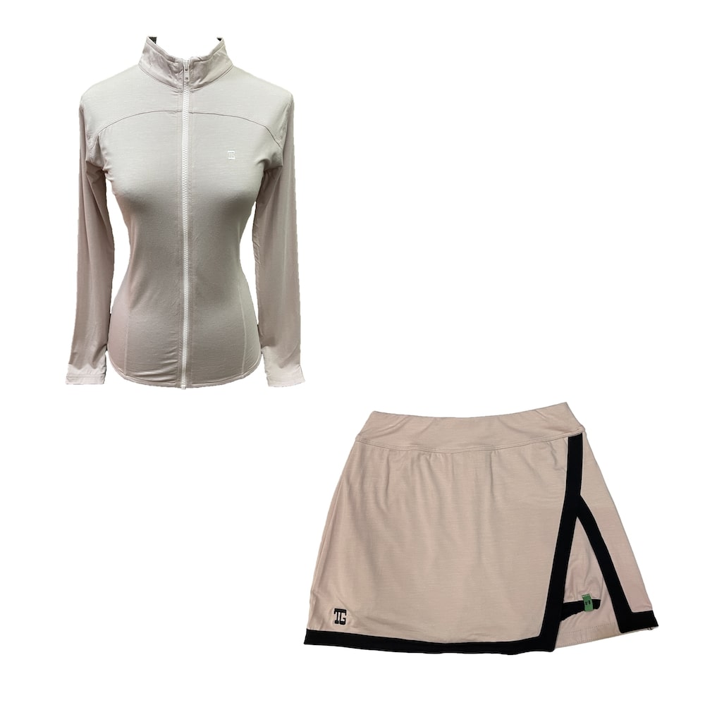 Golf Set – Top Long Sleeve Mock Neck with Zipper Pink Nude Color. Pink Nude Skirt with a Black Combination on The Edges and an Inverted V-Slit on The Left Side - Image 2