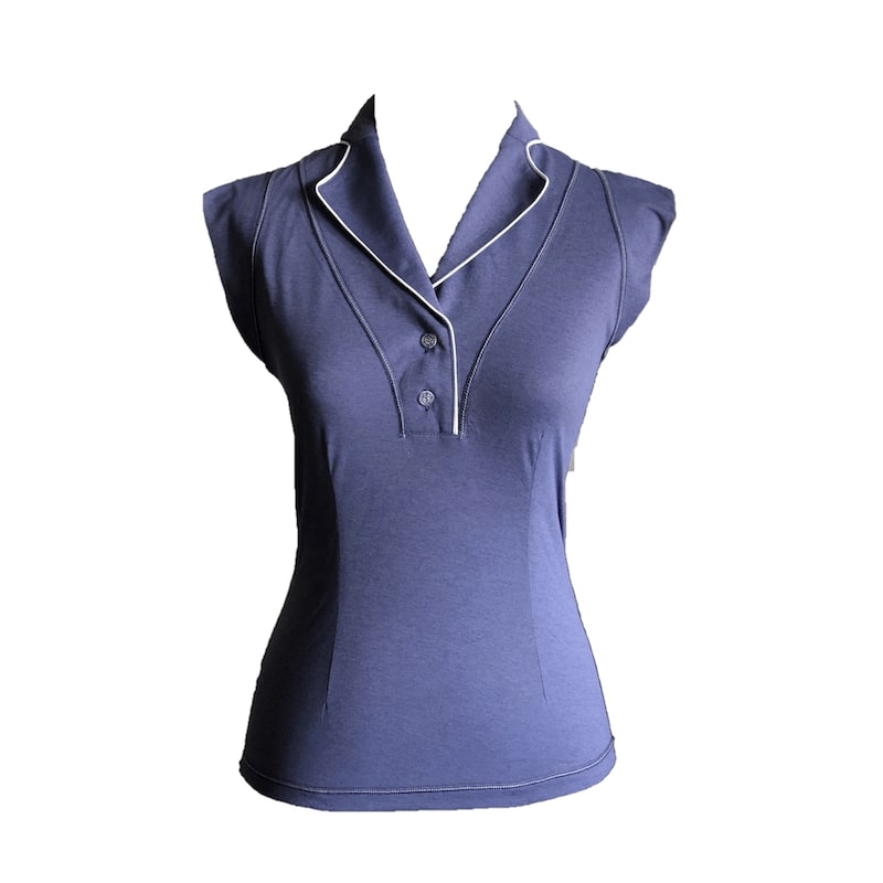 Ladies top smoke blue sleeveless shawl neck 2 buttons with white piping - Image 2