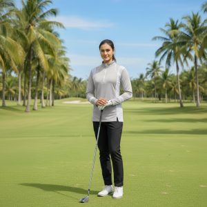 Ladies top plain white long sleeve mandarin neck with front zip fastening underarm and lower sleeve panels dry fit with exposed overlock stitching