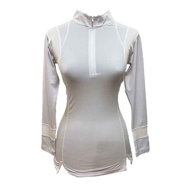 Ladies top plain white long sleeve mandarin neck with front zip fastening underarm and lower sleeve panels dry fit with exposed overlock stitching - Image 3