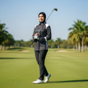 Ladies top black with small polka dots motif long sleeve w white shoulder saddle on front and back panels – rear zip peter pan collar