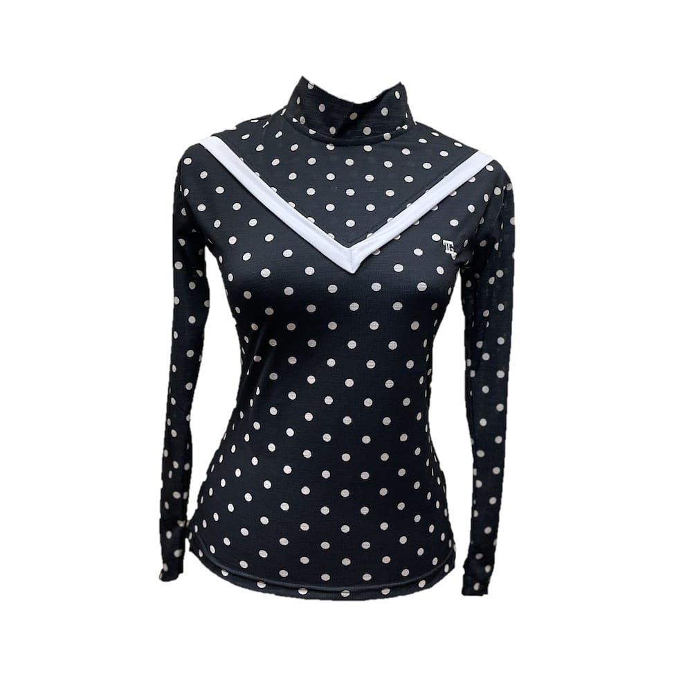 Ladies top long sleeve black with white polka dots motif and white V chest stripes trim mandarin neck & rear zip - Image 2