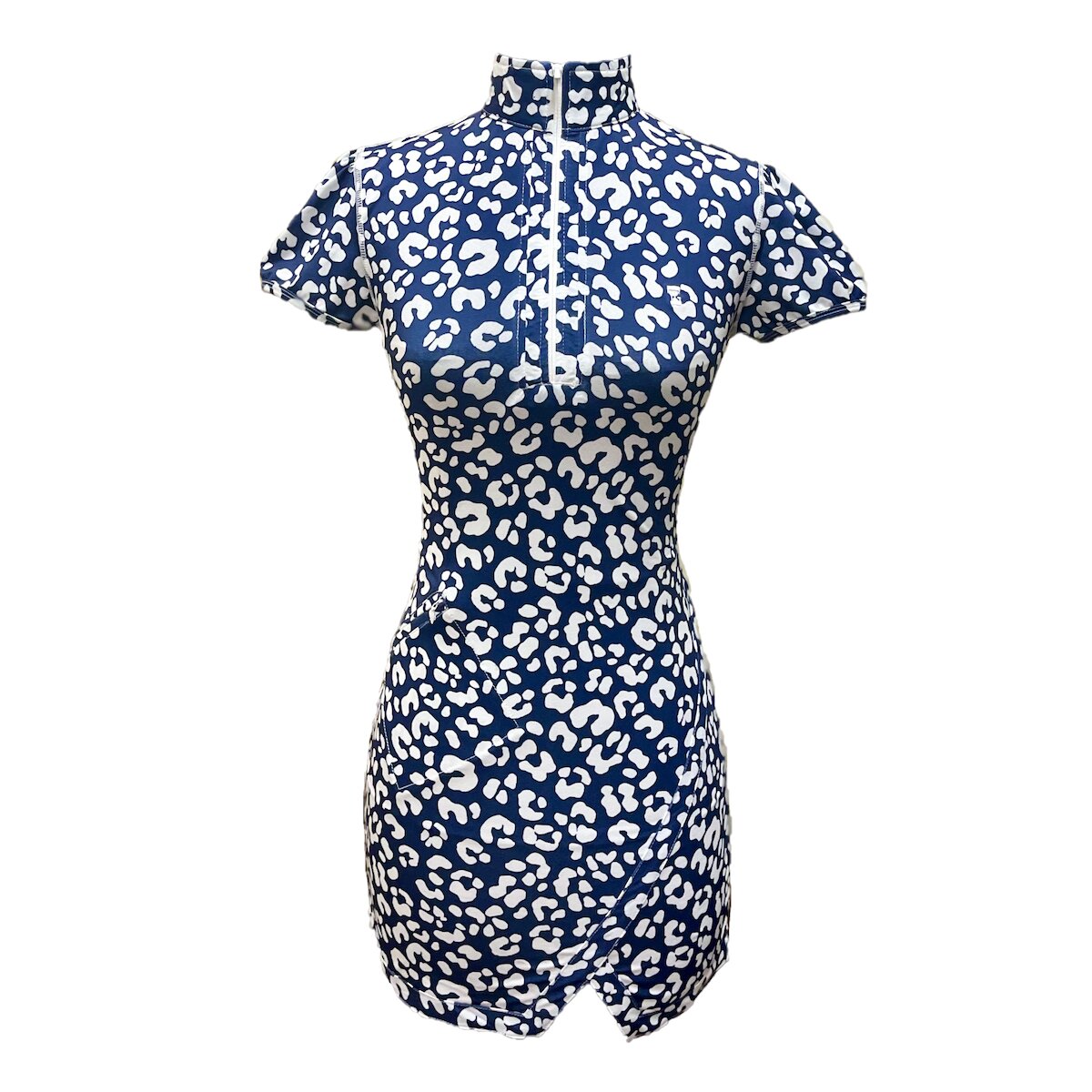 TG-GD-024E | Golf dress navy with white leopard motif lapel zip fastening and diagonal slash front pocket - Image 2