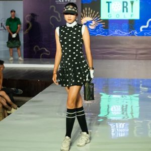TG-GD-028 | Golf dress soft feel black short sleeve with white polka dots and mandarin neck