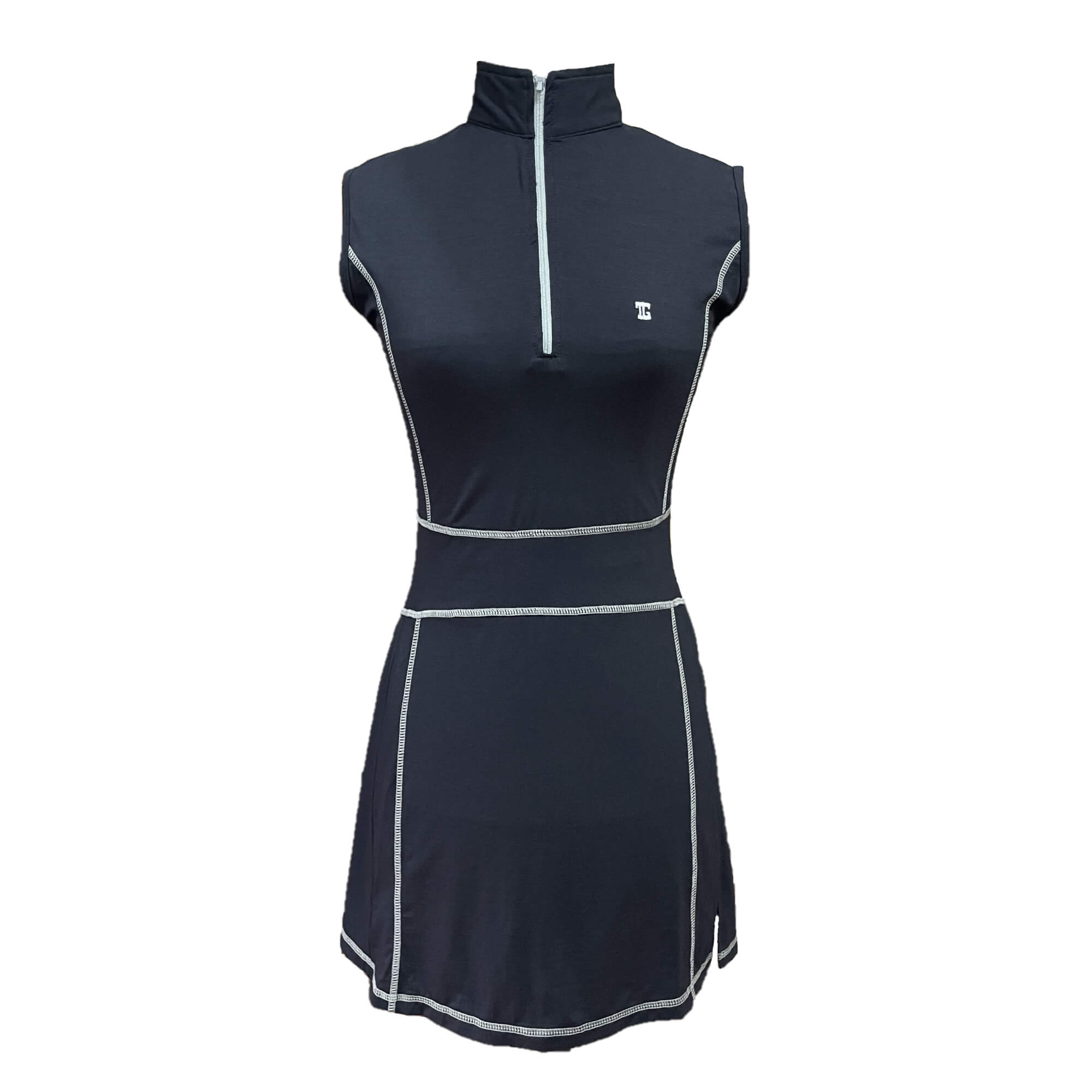TG-GD-035 | Ladies sleeveless golf dress black with zipper mock polo neck and white overlock stitching - Image 4