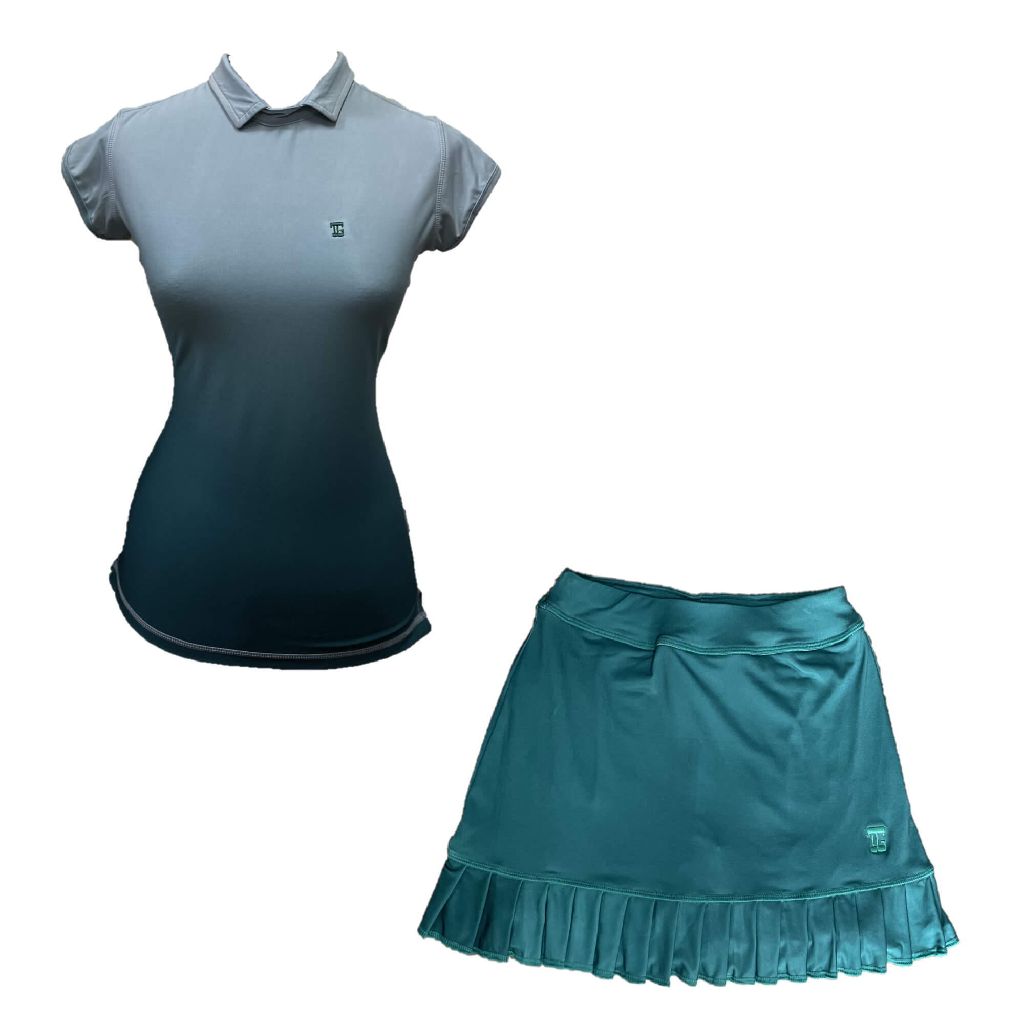 TG-LGS-022 | Ladies short sleeve golf set motion blue with green tosca gradation and pleated skirt with side pockets - Image 5
